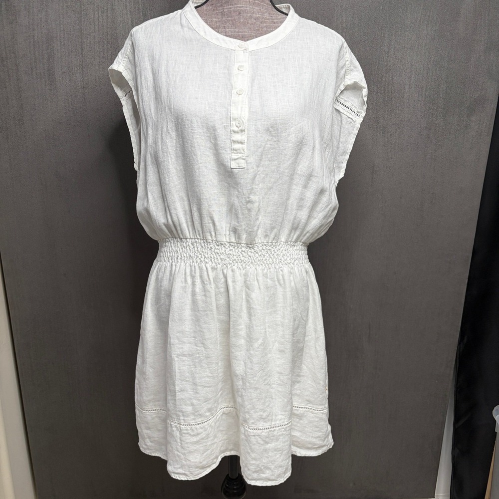 Hatley 100% Linen Mini Dress Womens Sz XL White‎ Smocked Waist Henley Minimalist